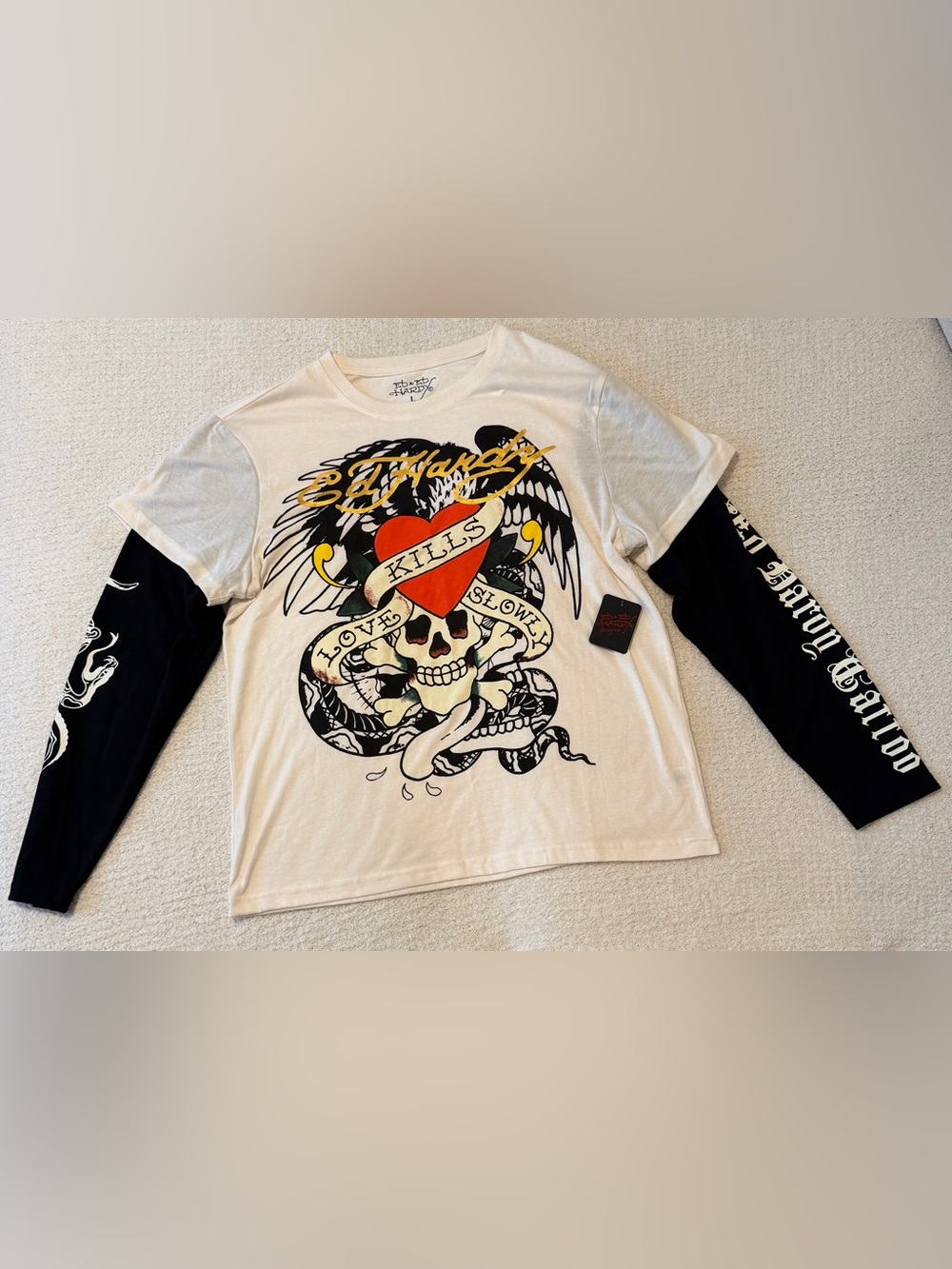 Ed Hardy Cobra Skull 2fer Long Sleeve T-Shirt Size L Cream Black